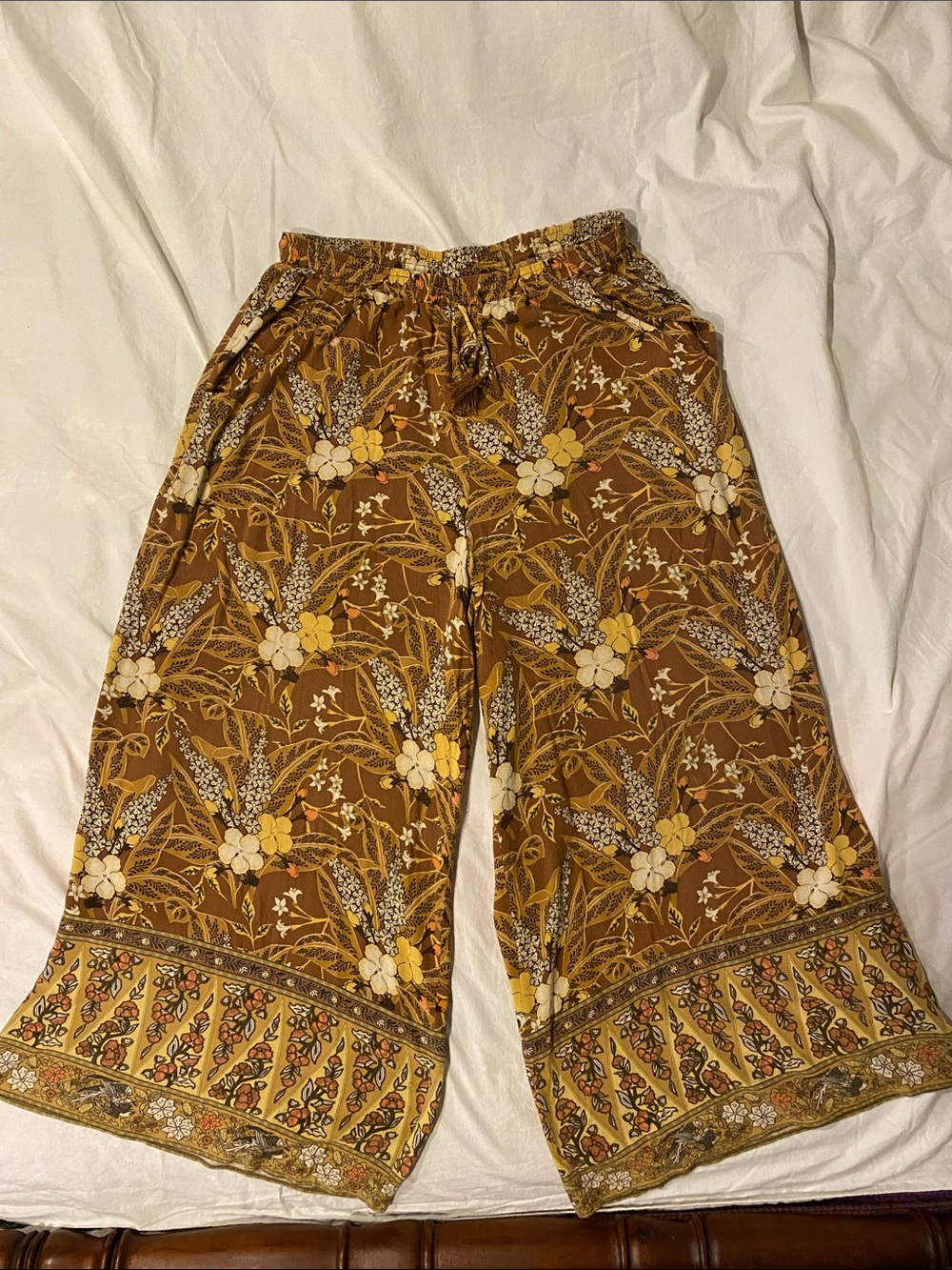 Spell Bianca Wide-Leg Pants in Mustard and Brown